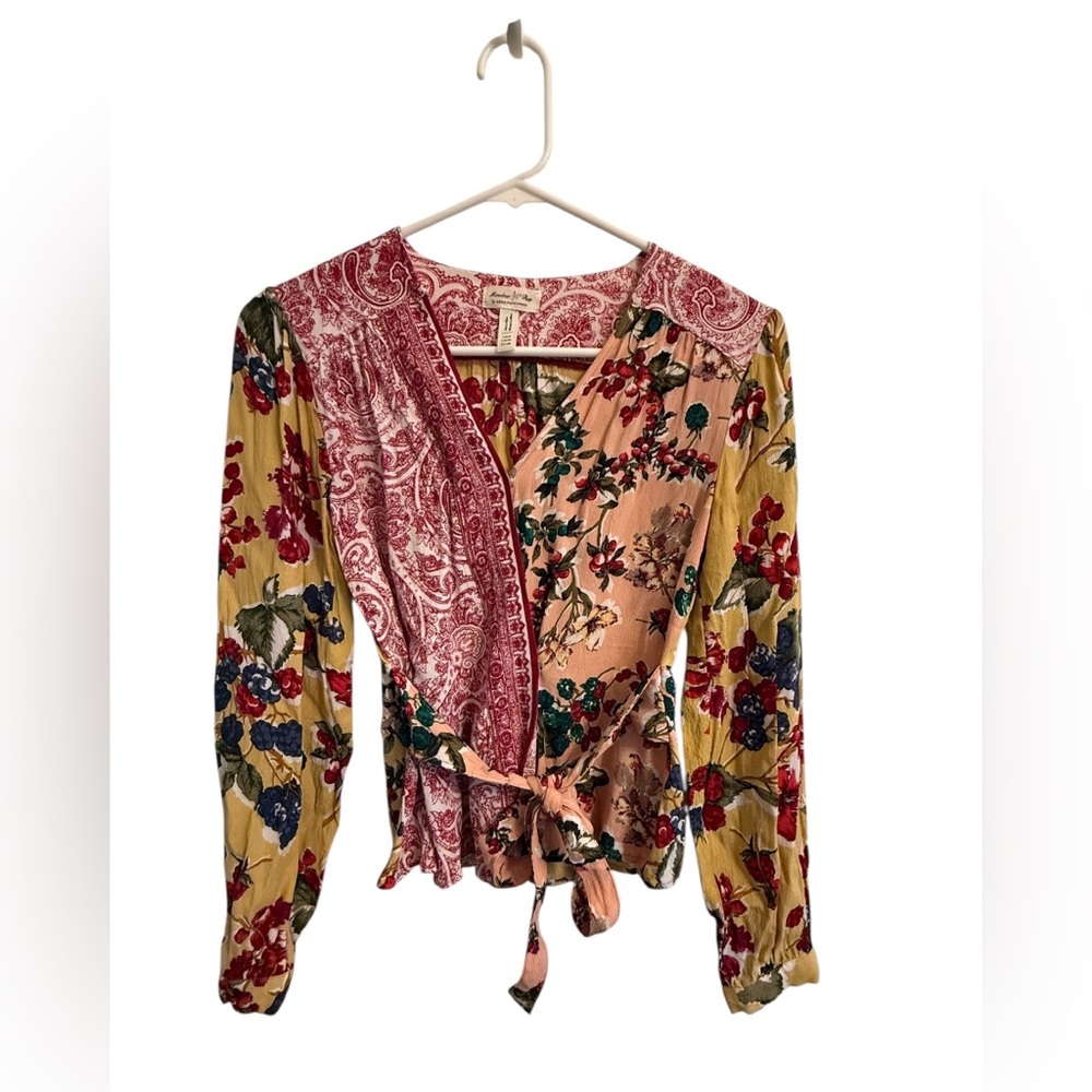 Anthropologie Meadow Rue Floral Patchwork Wrap Blouse - Yellow, Pink, Black - Picture 4 of 16